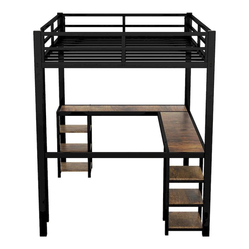 Twin XL Metal Loft Bed with L-Shaped Desk, Pegboard, LED Lights and Shelves, Black
