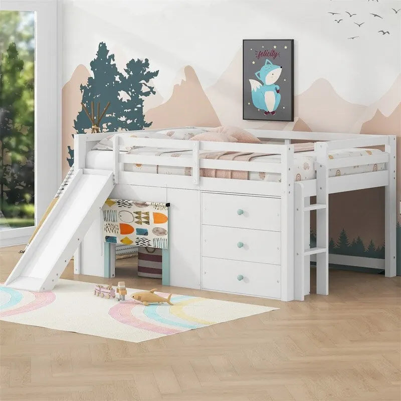 Full Size Low Loft Bed with Slide and 3 Storage Drawers, Solid Wood Loft Bedframe with 2 Doors, Ladder and Guardrails