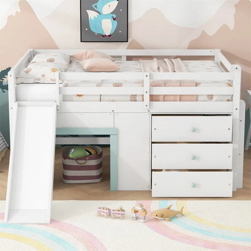 Full Size Low Loft Bed with Slide, Tent Play Area, 3 Drawers and Ladder, White