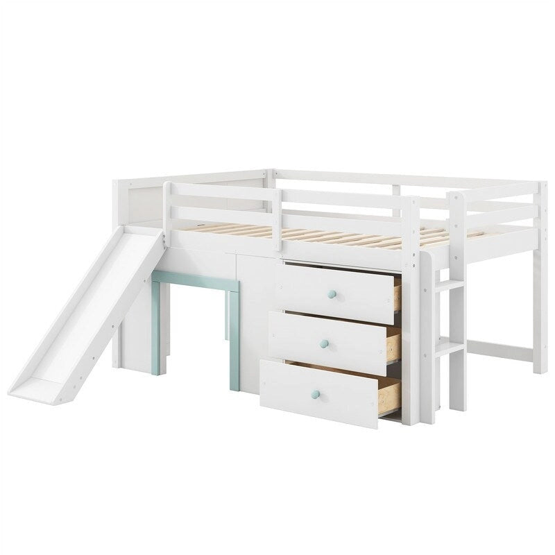 Full Size Low Loft Bed with Slide, Tent Play Area, 3 Drawers and Ladder, White