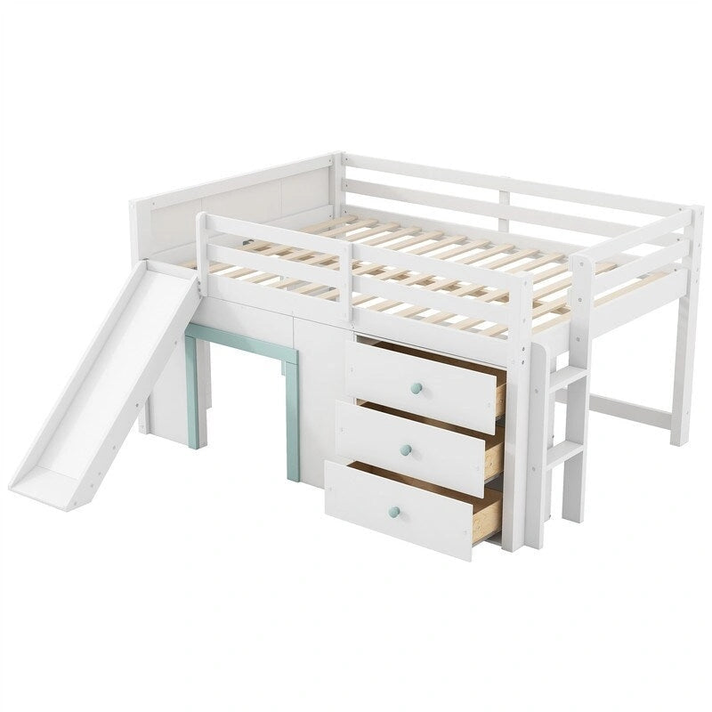 Full Size Low Loft Bed with Slide, Tent Play Area, 3 Drawers and Ladder, White