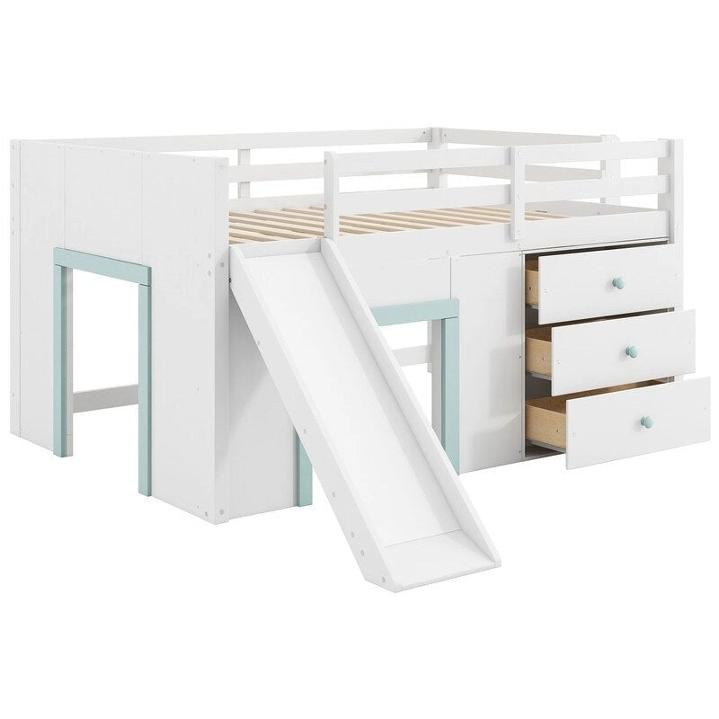 Full Size Low Loft Bed with Slide, Tent Play Area, 3 Drawers and Ladder, White