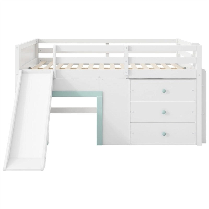 Full Size Low Loft Bed with Slide, Tent Play Area, 3 Drawers and Ladder, White