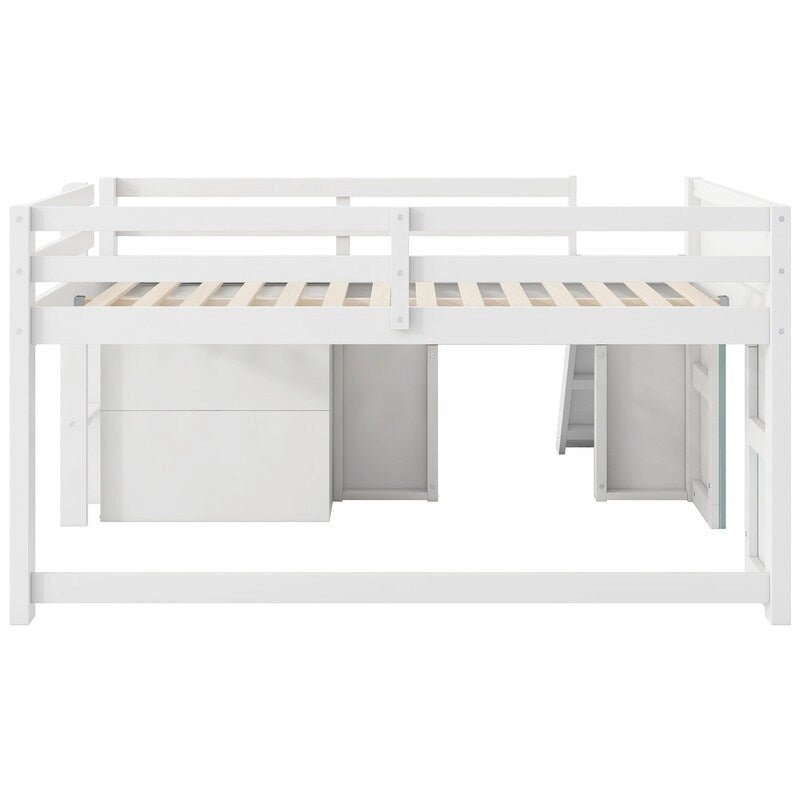 Full Size Low Loft Bed with Slide, Tent Play Area, 3 Drawers and Ladder, White