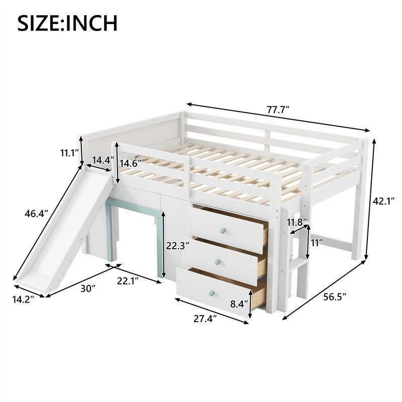 Full Size Low Loft Bed with Slide, Tent Play Area, 3 Drawers and Ladder, White