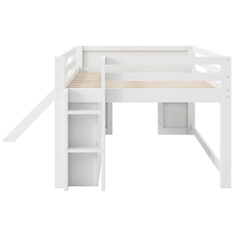 Full Size Low Loft Bed with Slide, Tent Play Area, 3 Drawers and Ladder, White