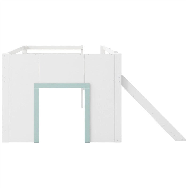 Full Size Low Loft Bed with Slide, Tent Play Area, 3 Drawers and Ladder, White