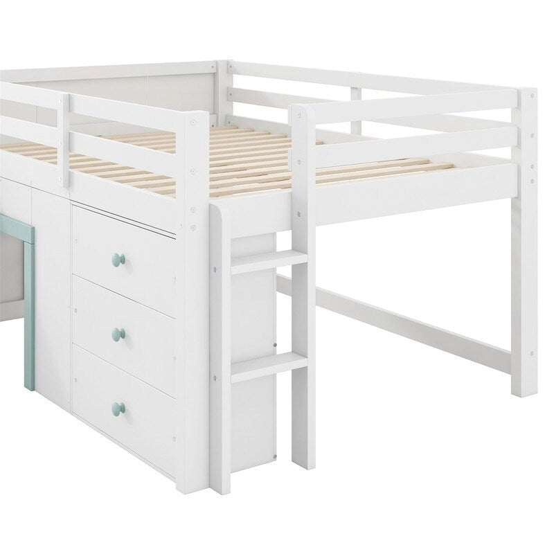 Full Size Low Loft Bed with Slide, Tent Play Area, 3 Drawers and Ladder, White
