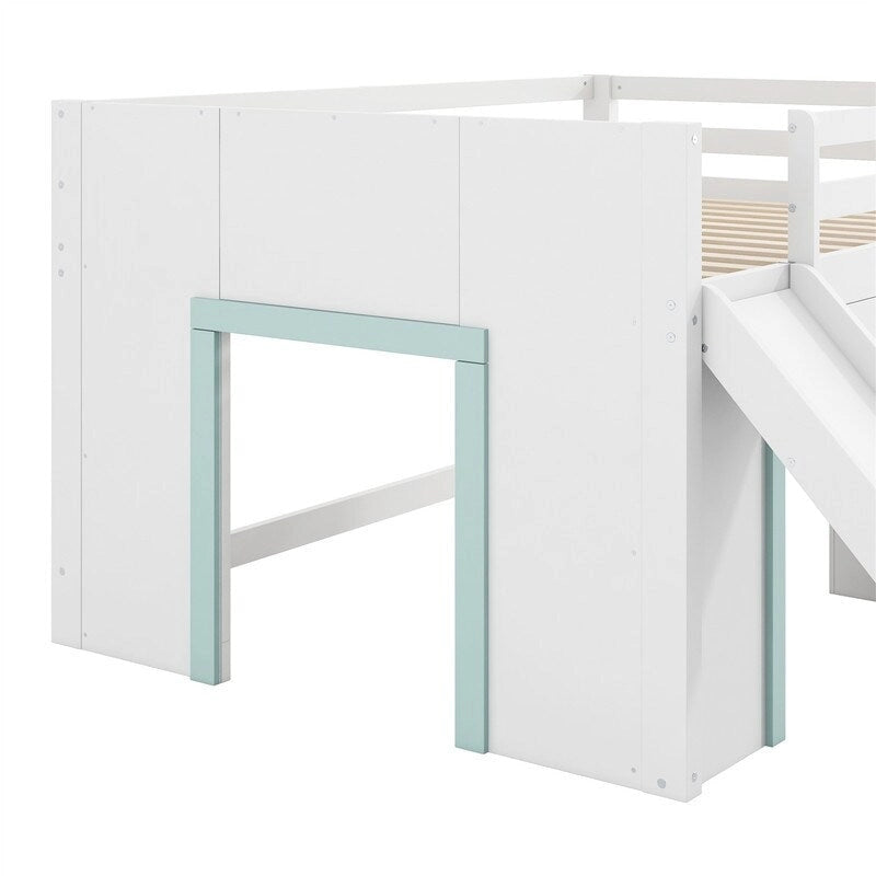 Full Size Low Loft Bed with Slide, Tent Play Area, 3 Drawers and Ladder, White