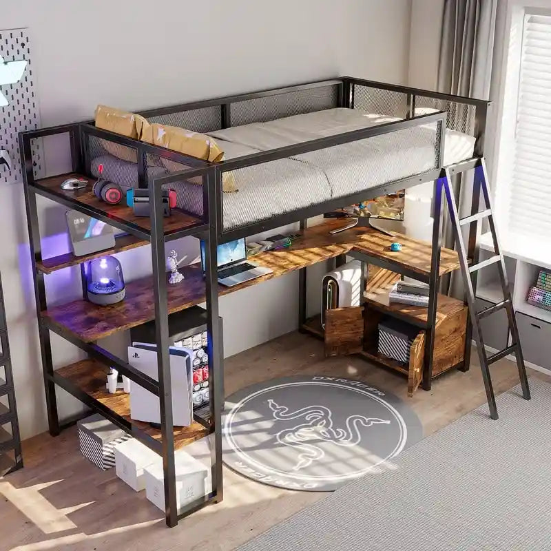 Letto soppalcato in metallo singolo con scrivania integrata, luci LED RGB, stazione di ricarica e spazio contenitore, nero bianco
