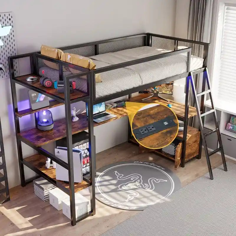 Twin-Hochbett aus Metall mit integriertem Schreibtisch, RGB-LED-Beleuchtung, Ladestation und Stauraum, Schwarz Weiß