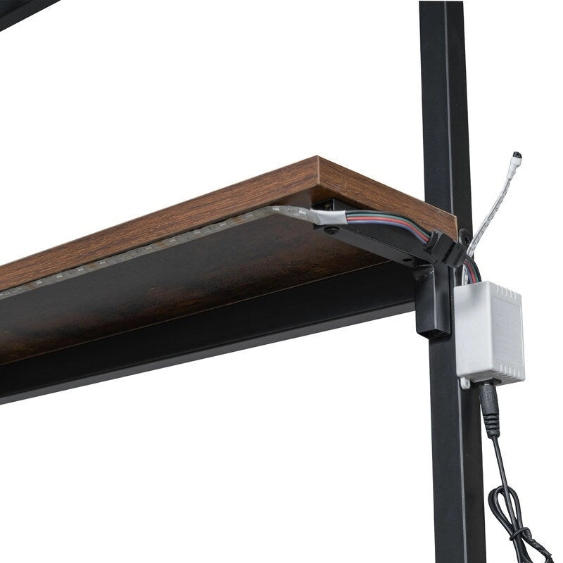 Letto soppalcato in metallo singolo con scrivania integrata, luci LED RGB, stazione di ricarica e spazio contenitore, nero bianco