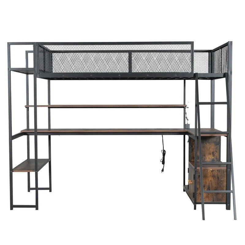 Letto soppalcato in metallo singolo con scrivania integrata, luci LED RGB, stazione di ricarica e spazio contenitore, nero bianco