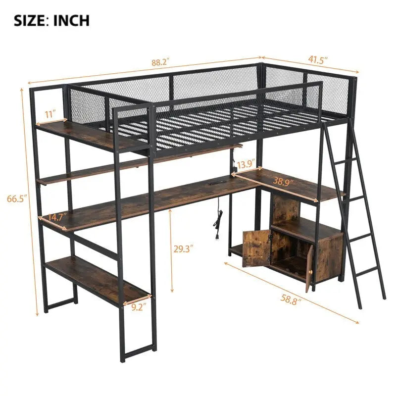 Letto soppalcato in metallo singolo con scrivania integrata, luci LED RGB, stazione di ricarica e spazio contenitore, nero bianco
