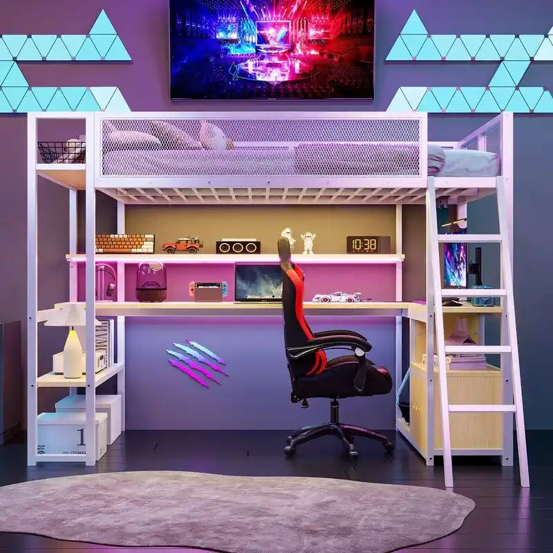 Letto soppalcato in metallo singolo con scrivania integrata, luci LED RGB, stazione di ricarica e spazio contenitore, nero bianco