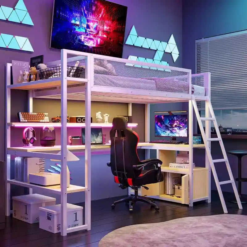 Letto soppalcato in metallo singolo con scrivania integrata, luci LED RGB, stazione di ricarica e spazio contenitore, nero bianco