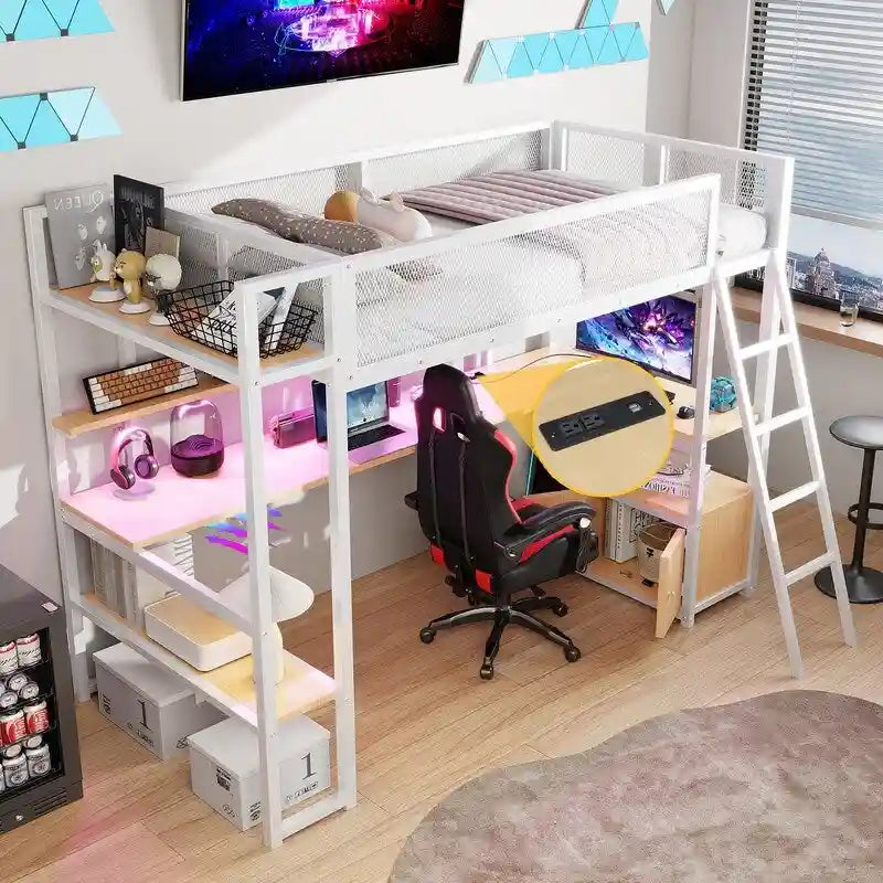 Letto soppalcato in metallo singolo con scrivania integrata, luci LED RGB, stazione di ricarica e spazio contenitore, nero bianco