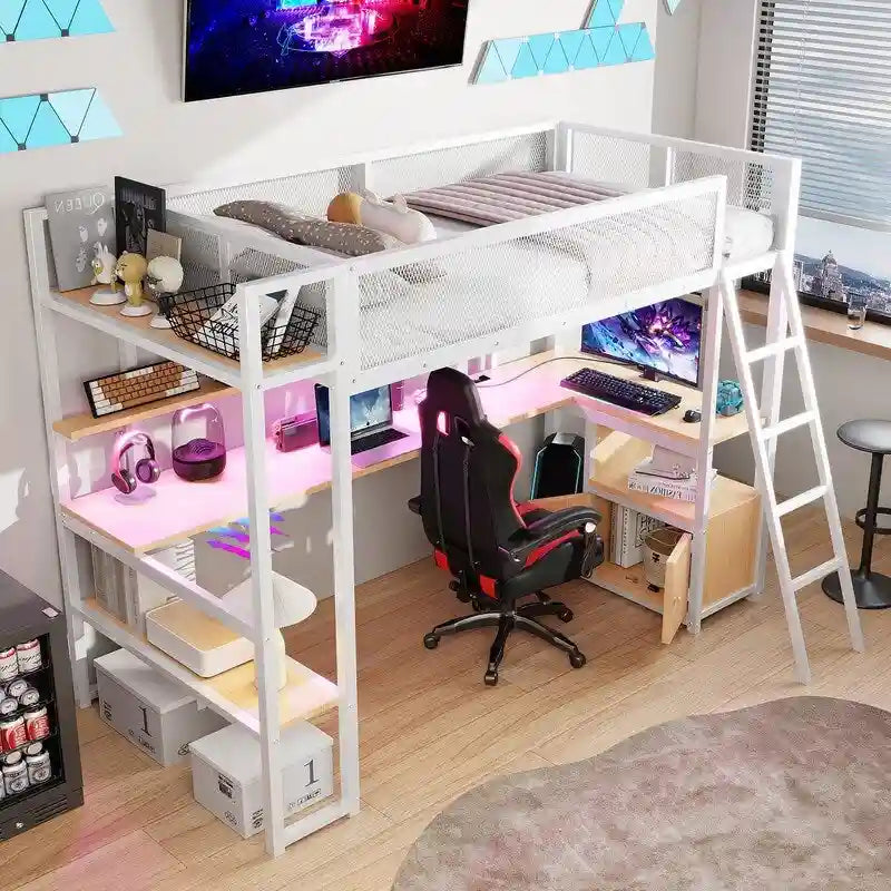 Letto soppalcato in metallo singolo con scrivania integrata, luci LED RGB, stazione di ricarica e spazio contenitore, nero bianco