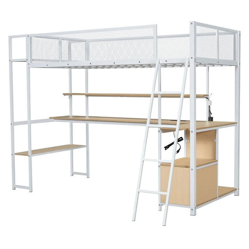 Letto soppalcato in metallo singolo con scrivania integrata, luci LED RGB, stazione di ricarica e spazio contenitore, nero bianco