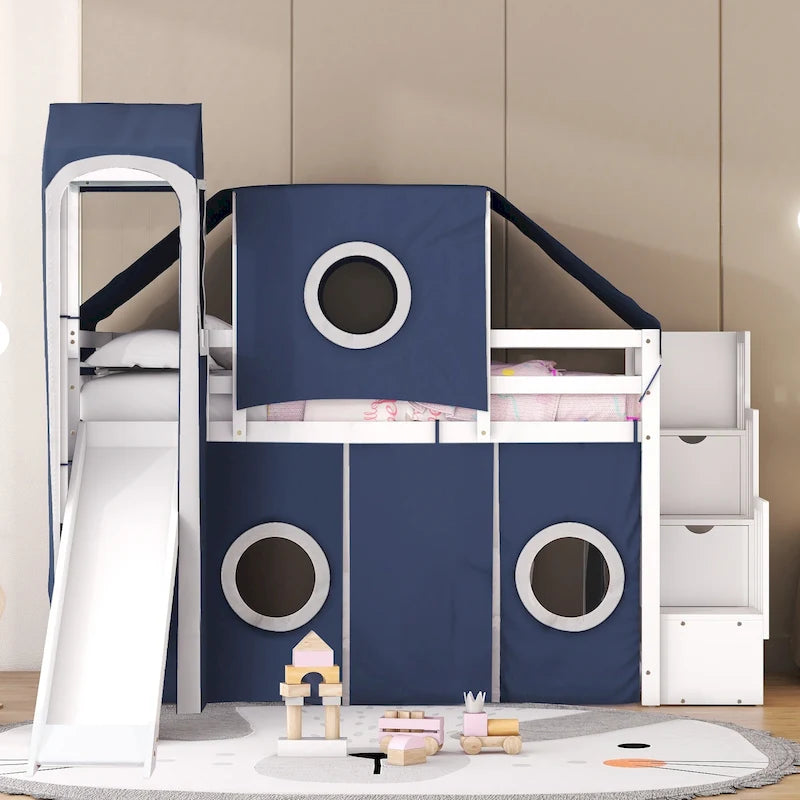 Kids Castle Loft Bed with Slide, Tent, Tower and Storage Staircase, Twin Full, Blue Pink