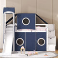Kids Castle Loft Bed with Slide, Tent, Tower and Storage Staircase, Twin Full, Blue Pink