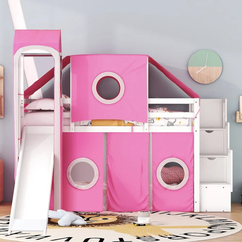 Letto soppalcato a castello per bambini con scivolo, tenda, torre e scala contenitore, singolo matrimoniale grande, blu rosa
