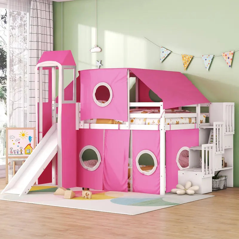 Kids Castle Loft Bed with Slide, Tent, Tower and Storage Staircase, Twin Full, Blue Pink