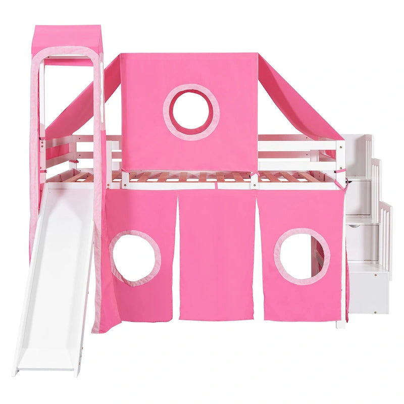 Kids Castle Loft Bed with Slide, Tent, Tower and Storage Staircase, Twin Full, Blue Pink
