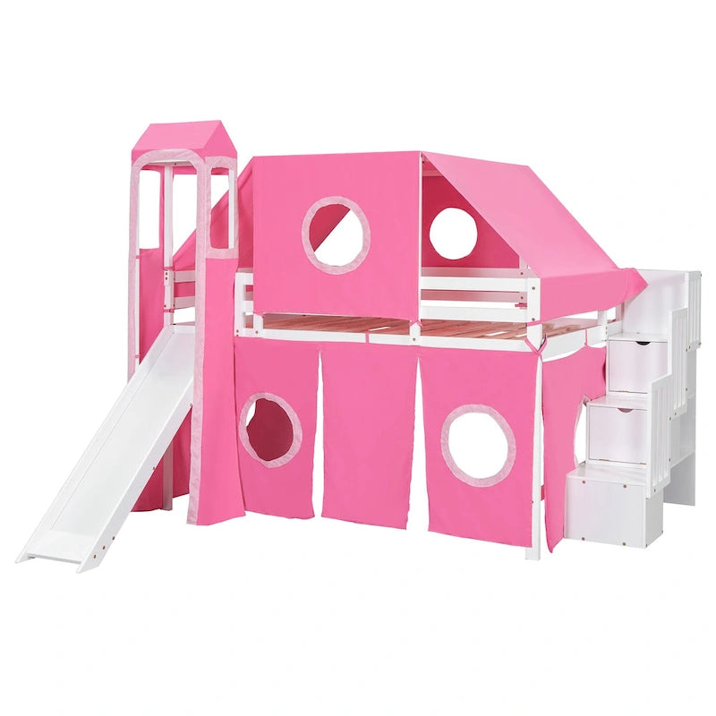 Kids Castle Loft Bed with Slide, Tent, Tower and Storage Staircase, Twin Full, Blue Pink