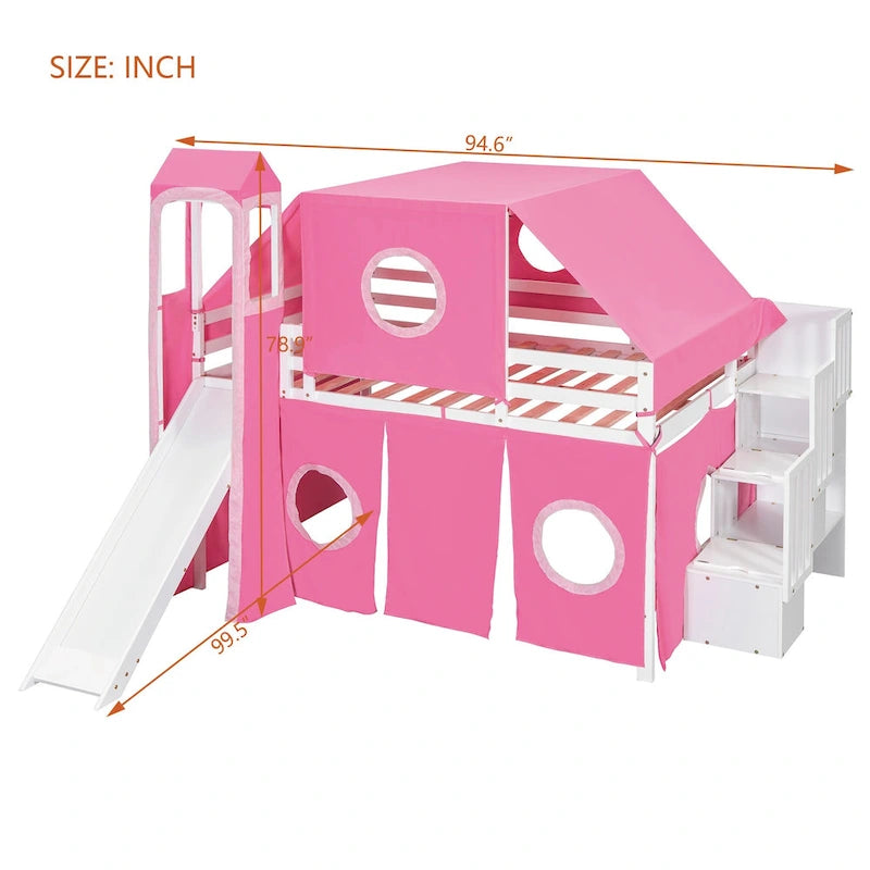 Kids Castle Loft Bed with Slide, Tent, Tower and Storage Staircase, Twin Full, Blue Pink