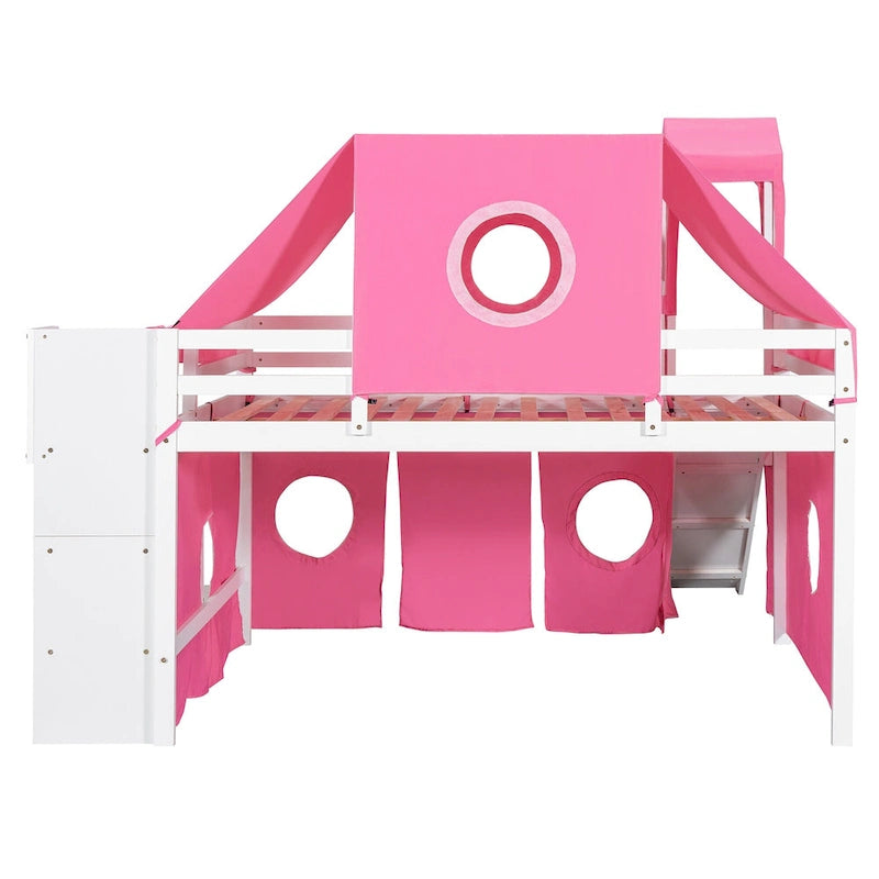 Kids Castle Loft Bed with Slide, Tent, Tower and Storage Staircase, Twin Full, Blue Pink