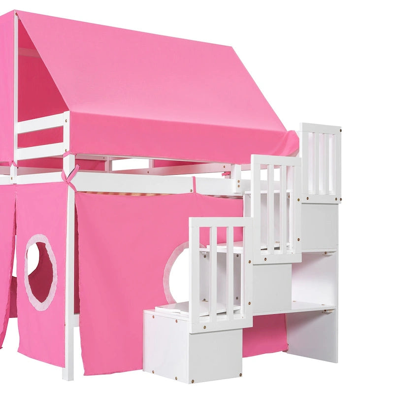Kids Castle Loft Bed with Slide, Tent, Tower and Storage Staircase, Twin Full, Blue Pink
