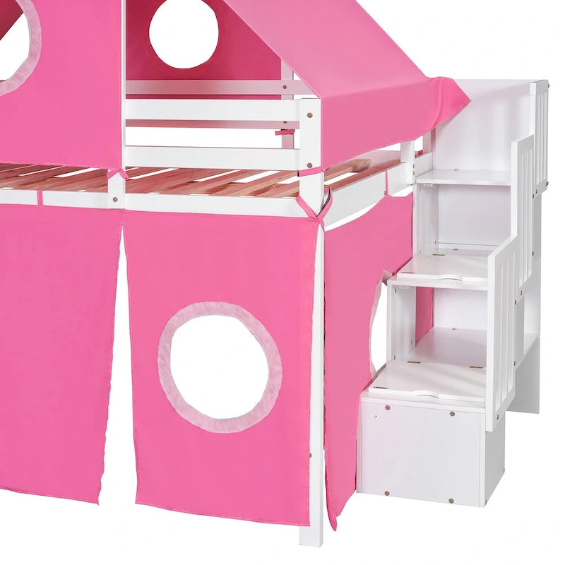 Kids Castle Loft Bed with Slide, Tent, Tower and Storage Staircase, Twin Full, Blue Pink
