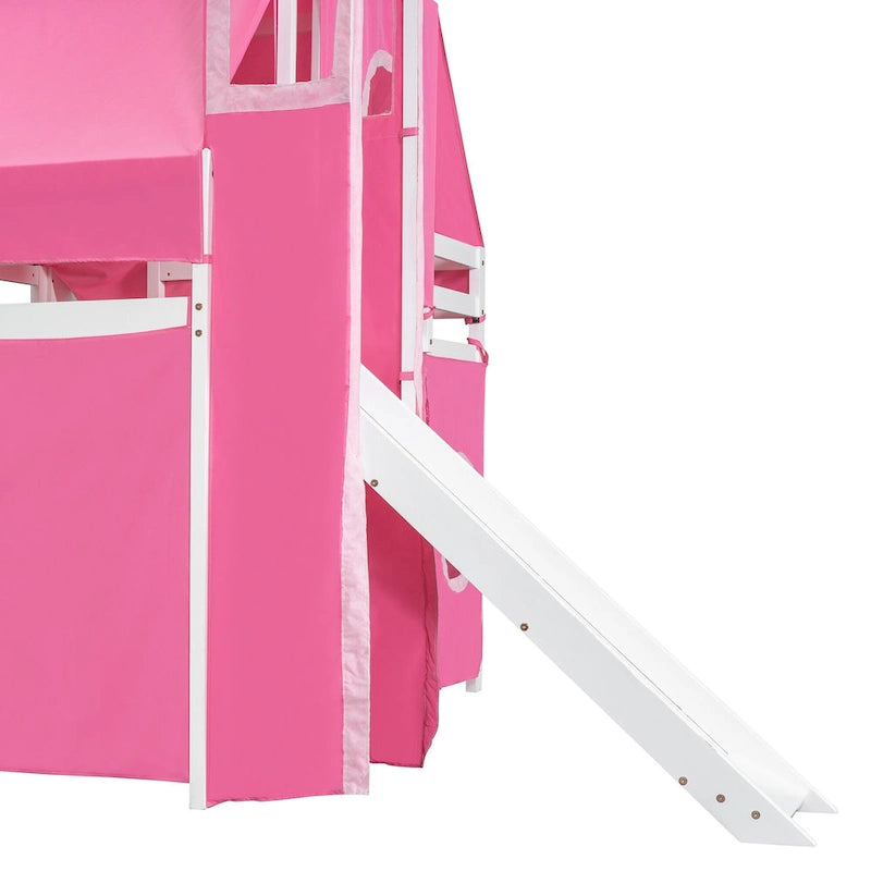 Kids Castle Loft Bed with Slide, Tent, Tower and Storage Staircase, Twin Full, Blue Pink