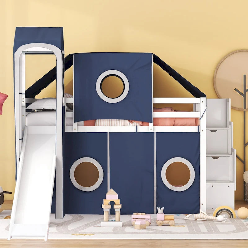 Kids Castle Loft Bed with Slide, Tent, Tower and Storage Staircase, Twin Full, Blue Pink