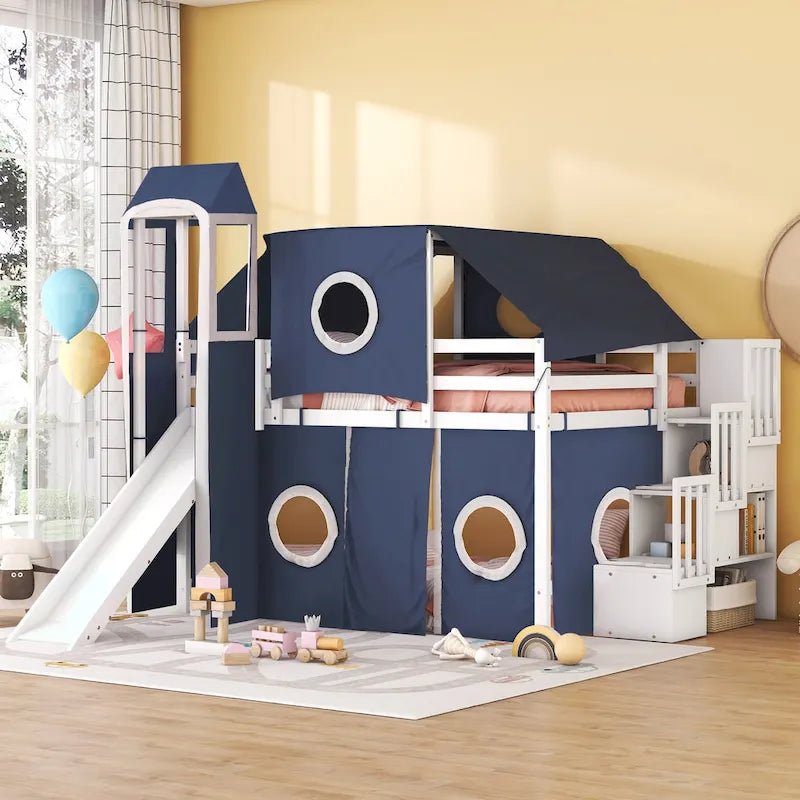 Kids Castle Loft Bed with Slide, Tent, Tower and Storage Staircase, Twin Full, Blue Pink