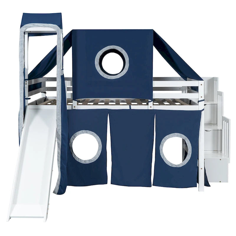 Kids Castle Loft Bed with Slide, Tent, Tower and Storage Staircase, Twin Full, Blue Pink