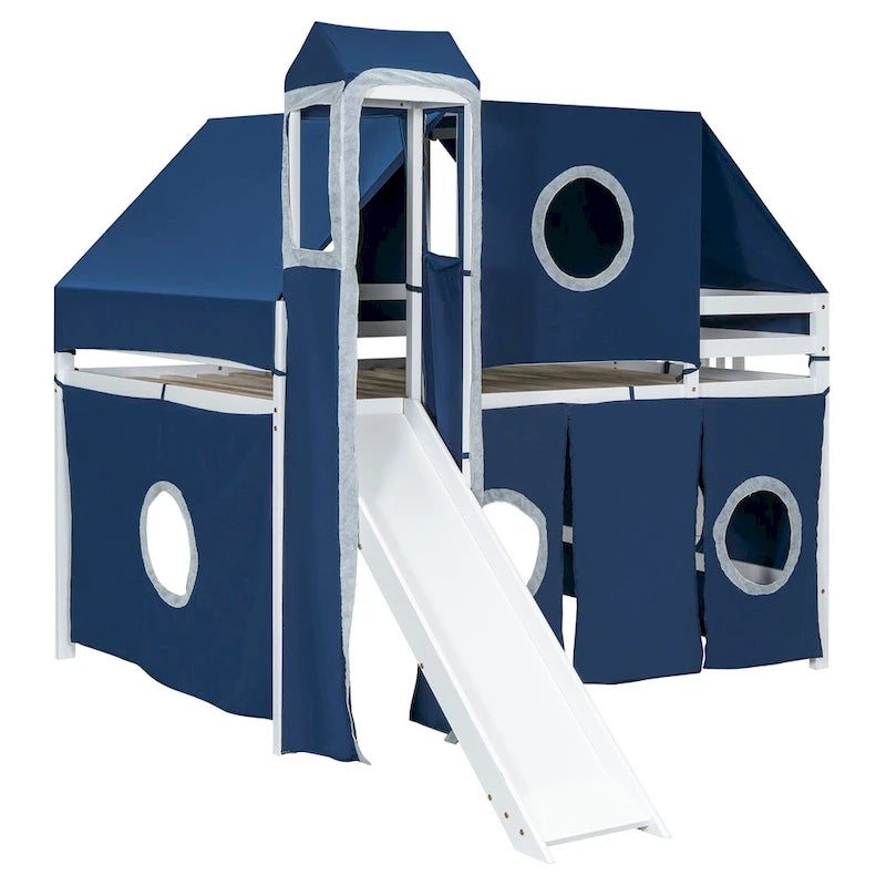 Kids Castle Loft Bed with Slide, Tent, Tower and Storage Staircase, Twin Full, Blue Pink
