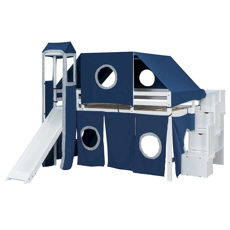 Kids Castle Loft Bed with Slide, Tent, Tower and Storage Staircase, Twin Full, Blue Pink