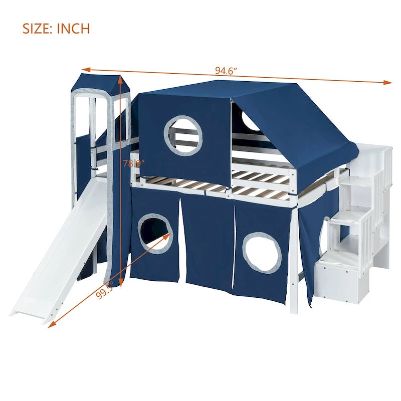 Kids Castle Loft Bed with Slide, Tent, Tower and Storage Staircase, Twin Full, Blue Pink