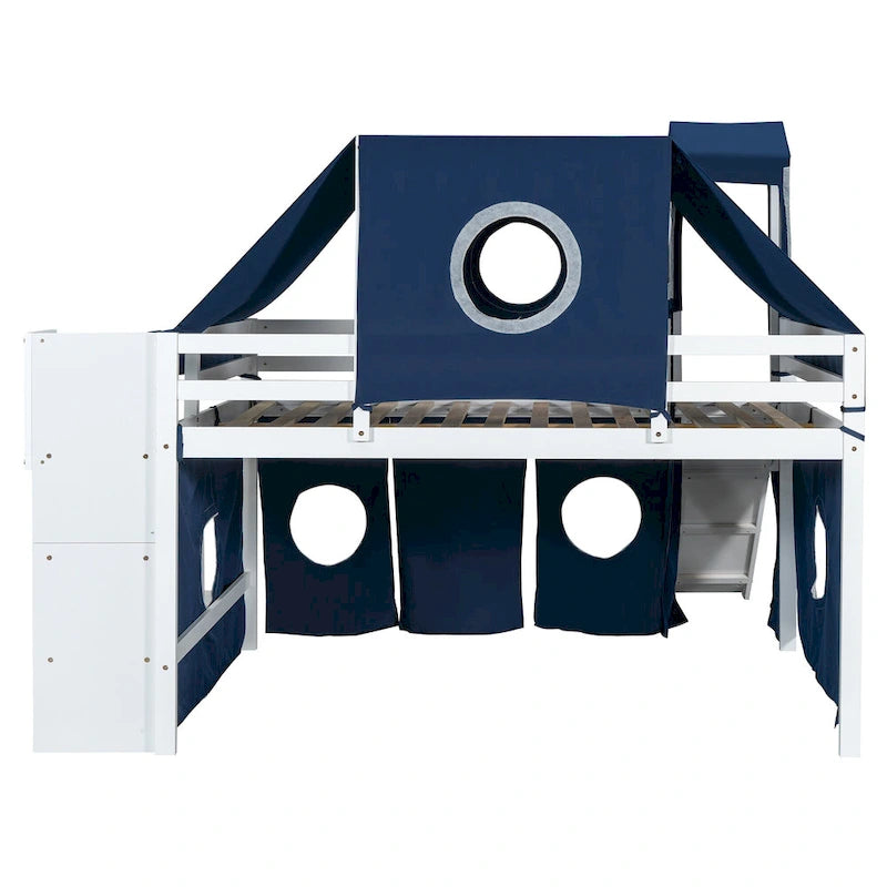 Kids Castle Loft Bed with Slide, Tent, Tower and Storage Staircase, Twin Full, Blue Pink