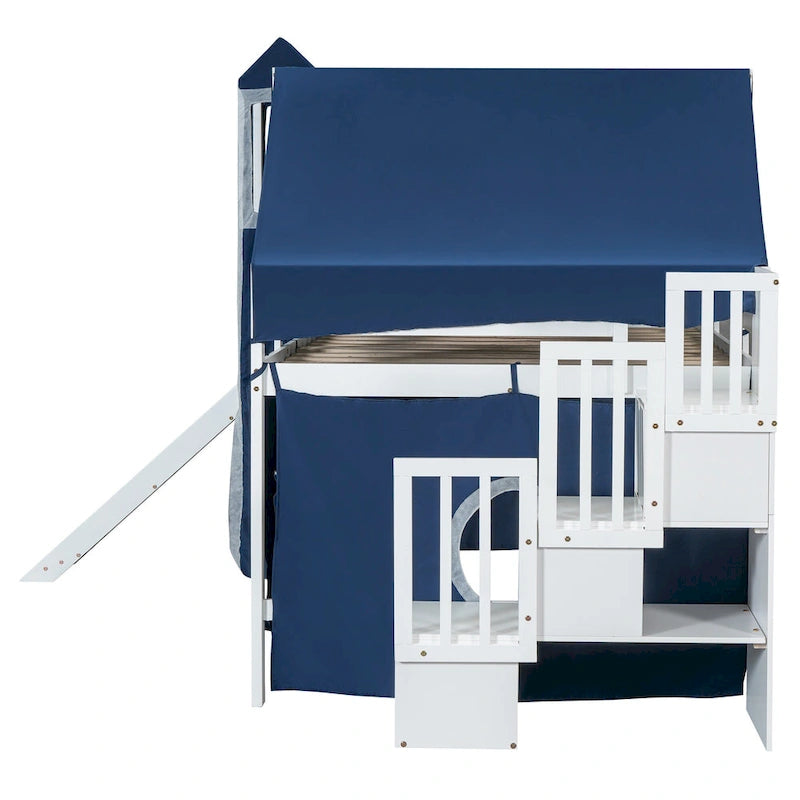 Kids Castle Loft Bed with Slide, Tent, Tower and Storage Staircase, Twin Full, Blue Pink