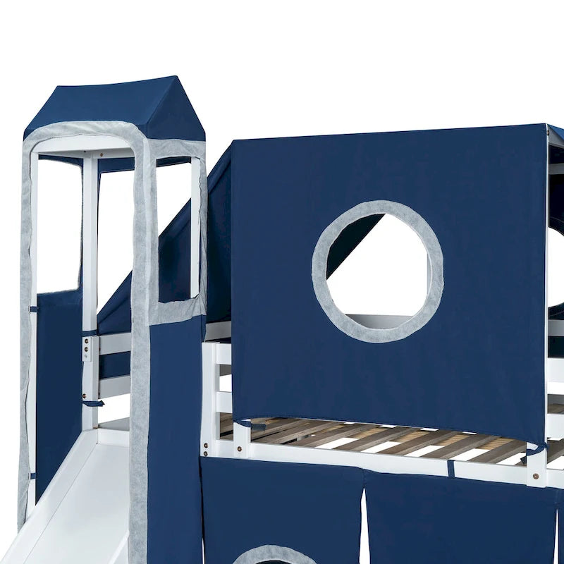 Kids Castle Loft Bed with Slide, Tent, Tower and Storage Staircase, Twin Full, Blue Pink