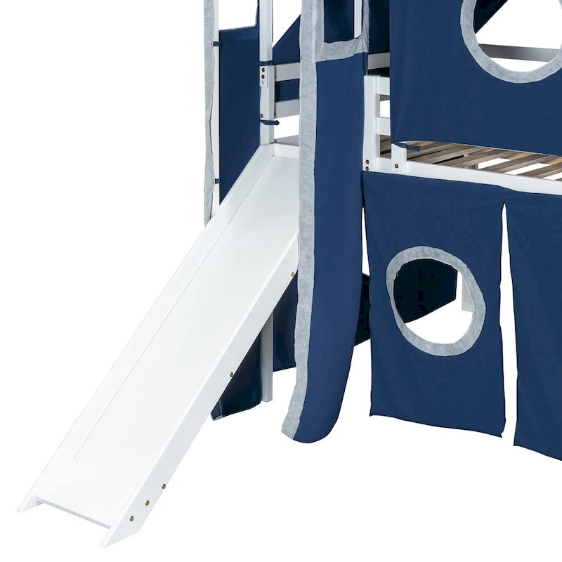 Kids Castle Loft Bed with Slide, Tent, Tower and Storage Staircase, Twin Full, Blue Pink