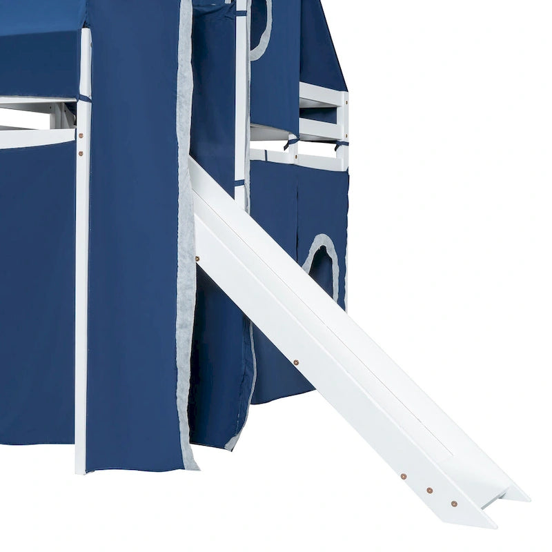 Kids Castle Loft Bed with Slide, Tent, Tower and Storage Staircase, Twin Full, Blue Pink