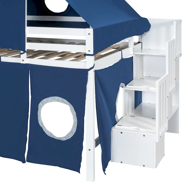 Kids Castle Loft Bed with Slide, Tent, Tower and Storage Staircase, Twin Full, Blue Pink