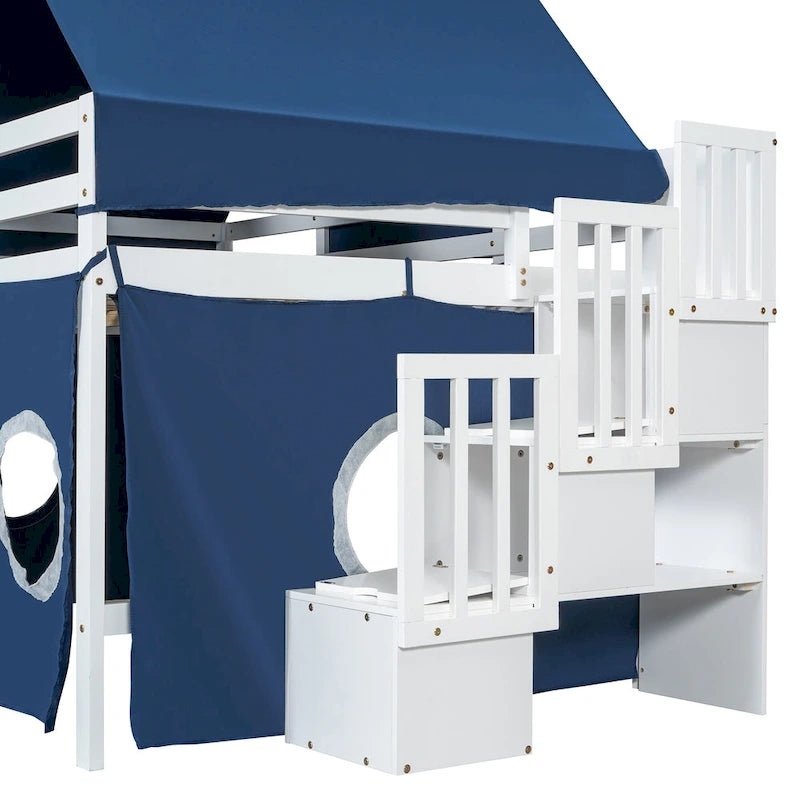 Kids Castle Loft Bed with Slide, Tent, Tower and Storage Staircase, Twin Full, Blue Pink