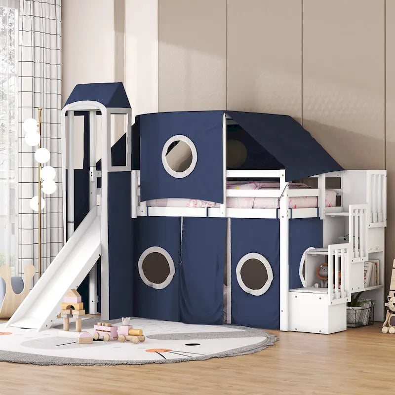 Kids Castle Loft Bed with Slide, Tent, Tower and Storage Staircase, Twin Full, Blue Pink