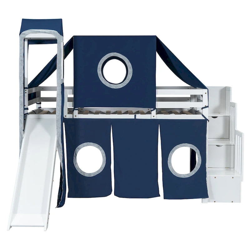 Kids Castle Loft Bed with Slide, Tent, Tower and Storage Staircase, Twin Full, Blue Pink