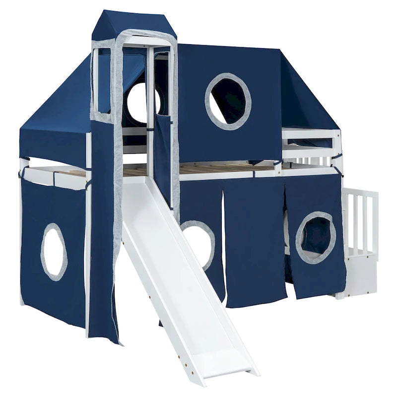 Kids Castle Loft Bed with Slide, Tent, Tower and Storage Staircase, Twin Full, Blue Pink